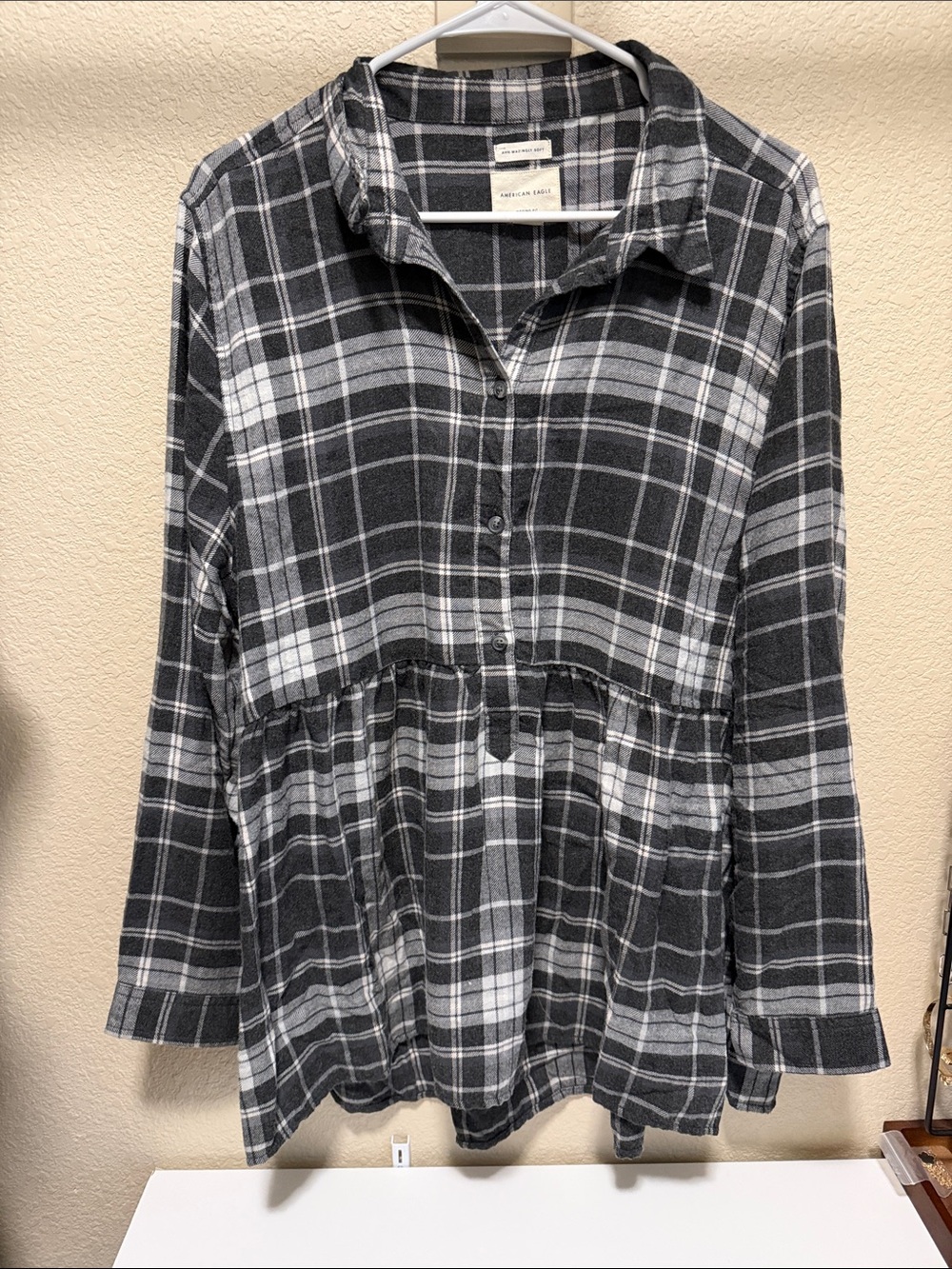 American Eagle Outfitters Black and White Plaid Button-Front Peplum Top